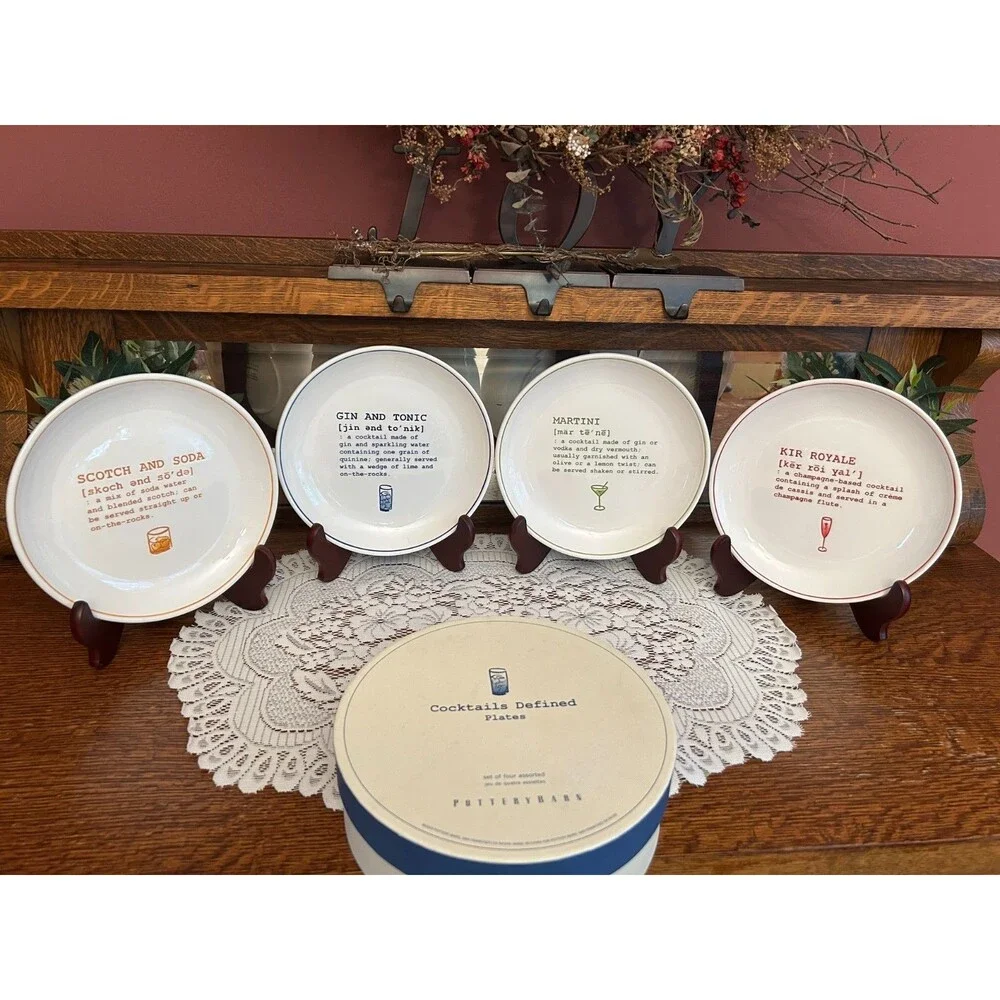 POTTERY BARN Cocktails Defined Salad Appetizer Plates W/Cocktail Recipes BNIB